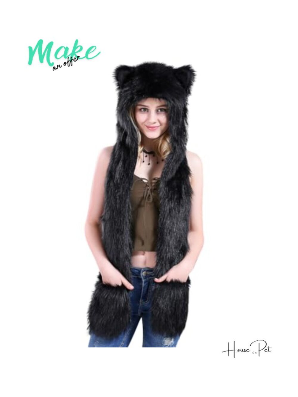 Faux Fur 3-in-1 Animal Hat Scarf Paw Gloves Set Winter Accessory